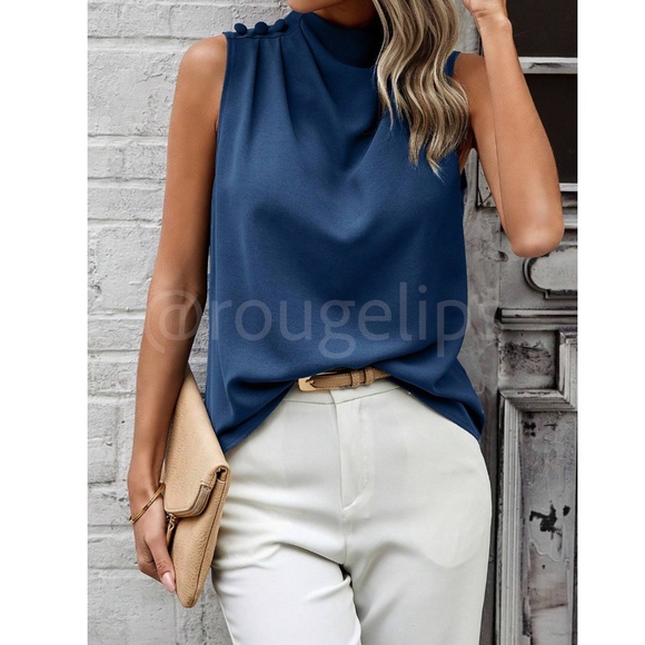 Blue Cowl Draped Pleated Neck Sleeveless Top Blouse Decorative Shoulder Buttons - Picture 6 of 7